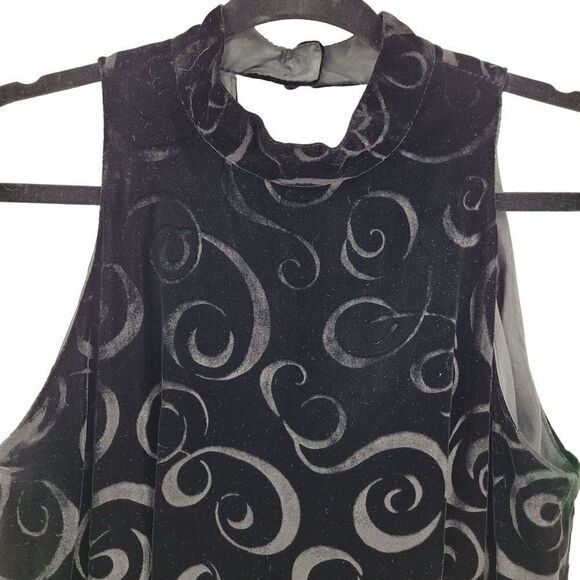Vintage 80s Black Burnout Velvet Gown 10 Sleeveless Open Back Chocker Midi Swirl - Picture 1 of 15
